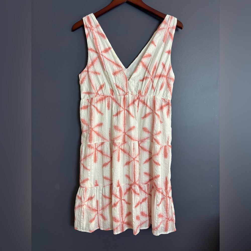 LOFT Peach & White Pattern V Neck Sleeveless Mini Dress 100% Cotton Size Small